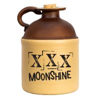 A two-tone ceramic moonshine jug with a brown top, a cork stopper, and a tan base printed with the text “XXX MOONSHINE” in a distressed font