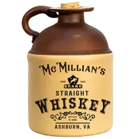Vintage-style personalized moonshine jug with two-tone brown and cream ceramic design, labeled ‘Mc Millian’s Straight Whiskey, Bottled in Bond, Ashburn VA,’ featuring a rustic handle and cork top—ideal for home bar décor, gifting, and whiskey enthusiasts.