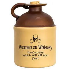 Vintage-style ceramic moonshine jug with brown top and beige body featuring skull-and-crossbones graphic and humorous text reading ‘Women or Whiskey, hard to say which will kill you first.’ Rustic collectible whiskey jug with cork stopper