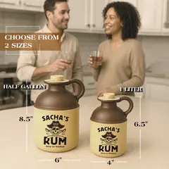 Two personalized ceramic rum jugs in half-gallon and 1-liter sizes with pirate-themed skull and crossed swords design labeled ‘Sacha’s Rum,’ displayed on a kitchen counter as people enjoy drinks in the background; unique custom drinkware gifts and rustic home bar accents ideal for themed parties