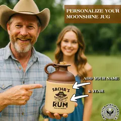 Man holding a personalized ceramic rum jug with pirate-themed skull and crossed swords design labeled ‘Sacha’s Rum,’ shown outdoors with customization options for name and year; unique custom drinkware gift and decorative home bar accent for themed parties