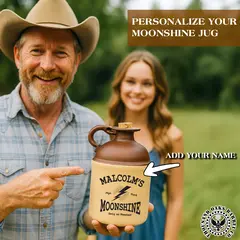 Man pointing to a customizable moonshine jug labeled “Malcolm’s Moonshine,” demonstrating personalized name option for rustic ceramic jug.