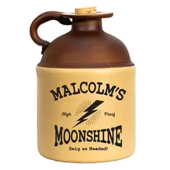 Personalized vintage-style moonshine jug with “Malcolm’s Moonshine” label, brown-and-cream ceramic design, cork topper, and lightning bolt graphic