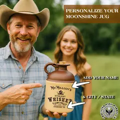 Man outdoors holding a personalized vintage-style moonshine jug labeled ‘Mc Millian’s Straight Whiskey,’ with customization options for name and city shown, while another person stands blurred in the background