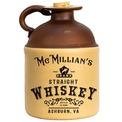 Vintage-style personalized moonshine jug with two-tone brown and cream ceramic design, labeled ‘Mc Millian’s Straight Whiskey, Bottled in Bond, Ashburn VA,’ featuring a rustic handle and cork top—ideal for home bar décor, gifting, and whiskey enthusiasts.