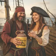 Pirate-costumed couple aboard a wooden ship holding a ceramic moonshine jug with humorous text ‘The liver is evil and must be punished,’ a novelty whiskey gift and rustic bar accessory ideal for themed décor and entertaining.