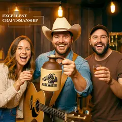 Smiling cowboy musician holding a Firewater moonshine jug with dragon artwork, standing with friends in a rustic bar setting emphasizing excellent craftsmanship.