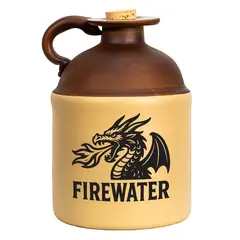 Firewater moonshine jug with bold black fire-breathing dragon logo on a two-tone ceramic jug, shown in a clean product-style image for e-commerce use.