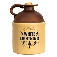 White Lightning moonshine jug with bold lightning bolt artwork on a two-tone ceramic jug, isolated on a white background for product display and e-commerce listings.