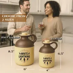 White Lightning moonshine jug displayed in two sizes—half gallon and one liter—on a kitchen counter with a couple enjoying drinks in the background, showing product dimensions and scale.