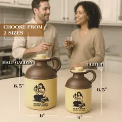 Two stoneware mermaid moonshine jugs in half-gallon and one-liter sizes placed on a kitchen counter with measurement labels, showing available size options.