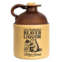 Vintage-style two-tone ceramic jug labeled “Old Fashioned Beaver Liquor” featuring beaver graphic, cork topper, and rustic moonshine bottle design.