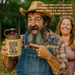 Bearded farmer in overalls holding and pointing to a vintage-style “Old Fashioned Beaver Liquor” ceramic moonshine jug, showcasing rustic Americana décor.