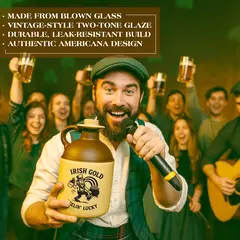 Man celebrating with a crowd in an Irish pub, holding an Irish Gold “Feelin’ Lucky” moonshine jug, with text highlighting blown glass, two-tone glaze, durability, and Americana design.