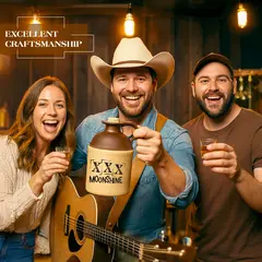 Three smiling adults in a rustic bar setting hold up glasses of moonshine while the man in the center, wearing a cowboy hat and holding a guitar, displays a ceramic jug labeled “XXX Moonshine.” A sign reading “Excellent Craftsmanship” appears in the upper left corner