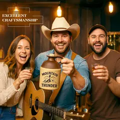 Group of friends celebrating with the Mountain Thunder moonshine jug, featuring rustic craftsmanship, guitar, and country-style atmosphere.