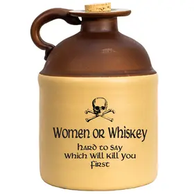 Vintage-style ceramic moonshine jug with brown top and beige body featuring skull-and-crossbones graphic and humorous text reading ‘Women or Whiskey, hard to say which will kill you first.’ Rustic collectible whiskey jug with cork stopper