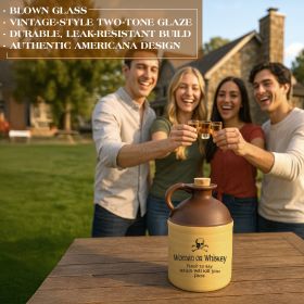 Rustic ceramic moonshine jug with vintage two-tone glaze and skull-and-crossbones design reading ‘Women or Whiskey,’ displayed on an outdoor wooden table as friends toast in the background; novelty whiskey gift and rustic home bar décor accessory.