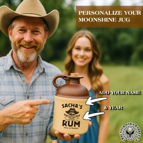 Man holding a personalized ceramic rum jug with pirate-themed skull and crossed swords design labeled ‘Sacha’s Rum,’ shown outdoors with customization options for name and year; unique custom drinkware gift and decorative home bar accent for themed parties