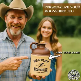 Man pointing to a customizable moonshine jug labeled “Malcolm’s Moonshine,” demonstrating personalized name option for rustic ceramic jug.