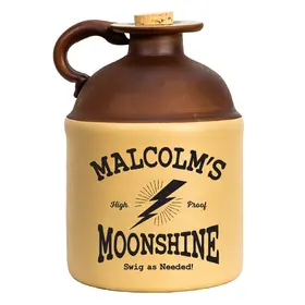 Personalized vintage-style moonshine jug with “Malcolm’s Moonshine” label, brown-and-cream ceramic design, cork topper, and lightning bolt graphic