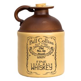 Vintage-style ceramic whiskey jug labeled Bill Collins Old No. 69 Fine Sour Mash Whiskey with cork top