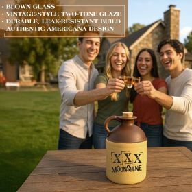 A vintage-style ceramic jug with a curved handle, brown top, cork lid, and tan body labeled “XXX Moonshine