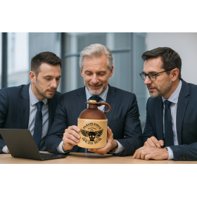 Three businessmen in suits sit at a conference table examining a ceramic jug labeled “Beast Country Spiced Rum,” with one man holding the jug while the others look on attentively.