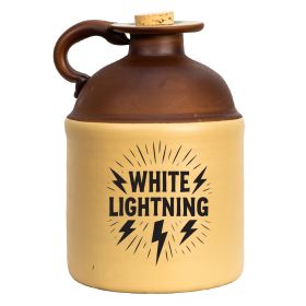 White Lightning moonshine jug with bold lightning bolt artwork on a two-tone ceramic jug, isolated on a white background for product display and e-commerce listings.