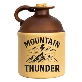 Mountain Thunder moonshine jug with vintage stoneware design, cork top, and mountain artwork on cream and brown ceramic
