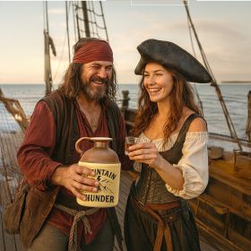 Pirate-themed scene with man and woman holding the Mountain Thunder moonshine jug on a ship deck while sharing drinks.