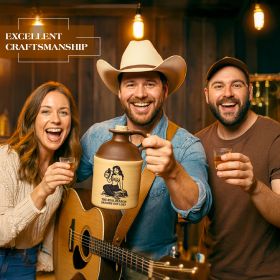 Smiling friends in a rustic bar holding a mermaid moonshine jug, showcasing handcrafted stoneware craftsmanship and humorous nautical bar décor.