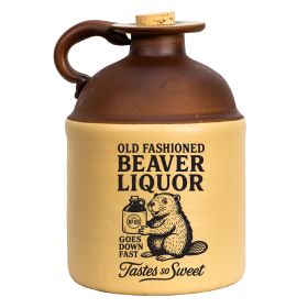 Vintage-style two-tone ceramic jug labeled “Old Fashioned Beaver Liquor” featuring beaver graphic, cork topper, and rustic moonshine bottle design.