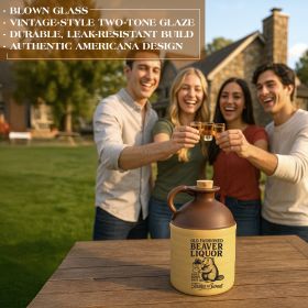 Friends toasting whiskey outdoors with a vintage “Old Fashioned Beaver Liquor” jug on the table, highlighting handcrafted ceramic moonshine bottle design.