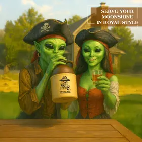 Two green alien characters dressed as pirates sharing drinks with an alien-abduction moonshine jug, highlighting fun themed barware and humorous moonshine décor.