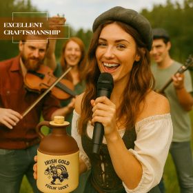 Woman singing into a microphone while holding an Irish Gold “Feelin’ Lucky” moonshine jug, with musicians celebrating behind her, emphasizing craftsmanship and festive Irish barware.