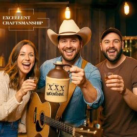 Three smiling adults in a rustic bar setting hold up glasses of moonshine while the man in the center, wearing a cowboy hat and holding a guitar, displays a ceramic jug labeled “XXX Moonshine.” A sign reading “Excellent Craftsmanship” appears in the upper left corner