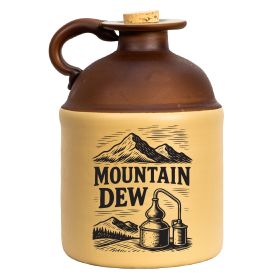 Vintage-style ceramic Mountain Dew moonshine jug with brown top, cork stopper, and black mountain-and-still graphic on the front.