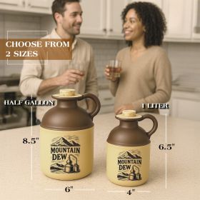 Two ceramic Mountain Dew moonshine jugs in half-gallon and one-liter sizes displayed on a kitchen counter, with a couple enjoying drinks in the background.
