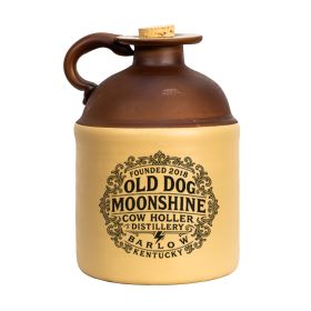 A studio product image of an Old Dog Moonshine ceramic jug featuring a vintage-style black label and cork stopper.