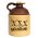 A two-tone ceramic moonshine jug with a brown top, a cork stopper, and a tan base printed with the text “XXX MOONSHINE” in a distressed font