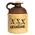 A two-tone ceramic moonshine jug with a brown top, a cork stopper, and a tan base printed with the text “XXX MOONSHINE” in a distressed font