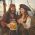 Pirate-costumed couple aboard a wooden ship holding a ceramic moonshine jug with humorous text ‘The liver is evil and must be punished,’ a novelty whiskey gift and rustic bar accessory ideal for themed décor and entertaining.
