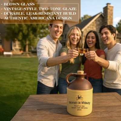 Rustic ceramic moonshine jug with vintage two-tone glaze and skull-and-crossbones design reading ‘Women or Whiskey,’ displayed on an outdoor wooden table as friends toast in the background; novelty whiskey gift and rustic home bar décor accessory.