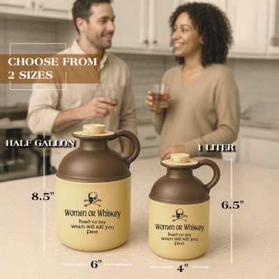 Rustic ceramic moonshine jugs with vintage two-tone glaze and humorous ‘Women or Whiskey’ design shown in two sizes, styled on a kitchen counter as a couple enjoys drinks; perfect for farmhouse décor, novelty gift ideas, and whiskey-themed home accents