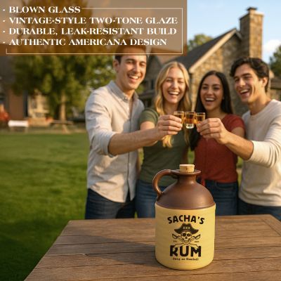 Personalized ceramic rum jug with pirate-themed skull and crossed swords design labeled ‘Sacha’s Rum,’ displayed on an outdoor wooden table as friends toast in the background; unique custom drinkware gift and rustic home bar accent for themed parties