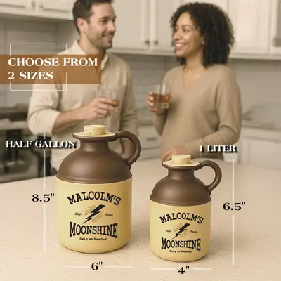 Side-by-side comparison of half-gallon and one-liter vintage moonshine jugs with measurements, highlighting size options.