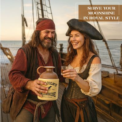 Pirate-costumed couple enjoying drinks on a ship while holding a vintage Malcolm’s Moonshine jug, showcasing themed entertaining décor.