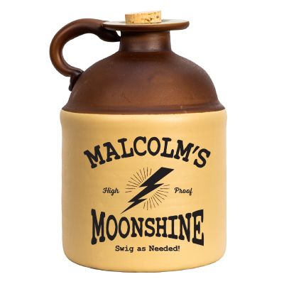 Personalized vintage-style moonshine jug with “Malcolm’s Moonshine” label, brown-and-cream ceramic design, cork topper, and lightning bolt graphic