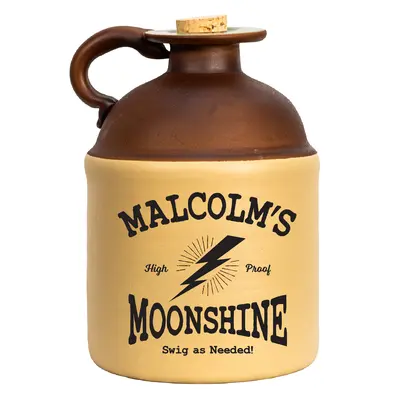 Personalized vintage-style moonshine jug with “Malcolm’s Moonshine” label, brown-and-cream ceramic design, cork topper, and lightning bolt graphic